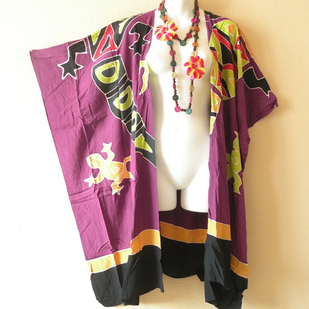 CM62 Gecko Batik Plus 38" Open Hand Painted Cover Up Midi Cardigan fit up to 5X